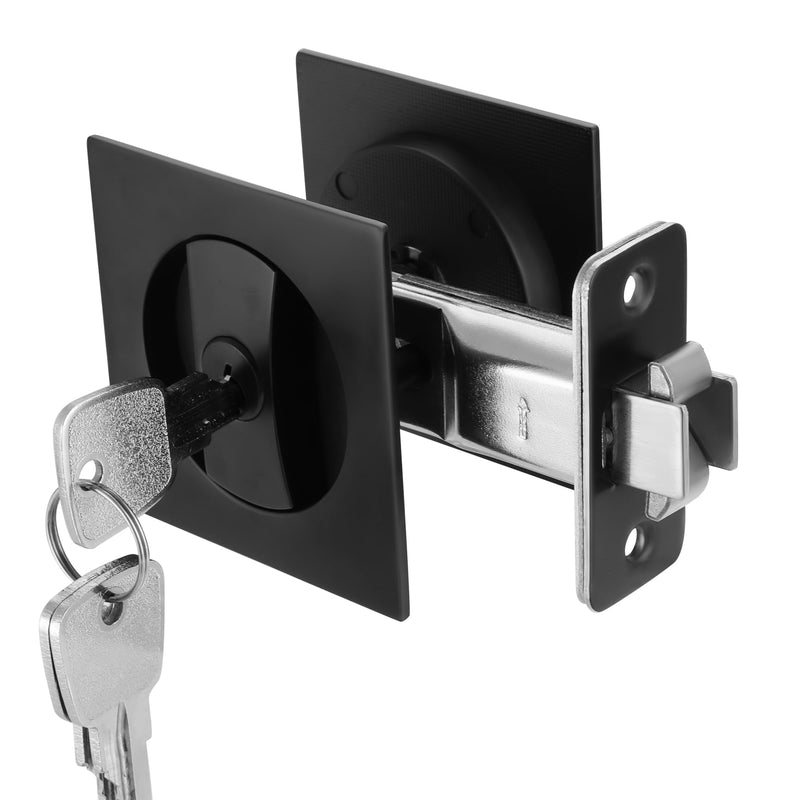 Matte Black Pocket Door Lock with Key, Pocket Door Pull Handle with Lock Square Door Lock for Privacy Sliding Door Bifold Bathroom Door Locks and Pulls Hardware Entry (with Key) Matte Black