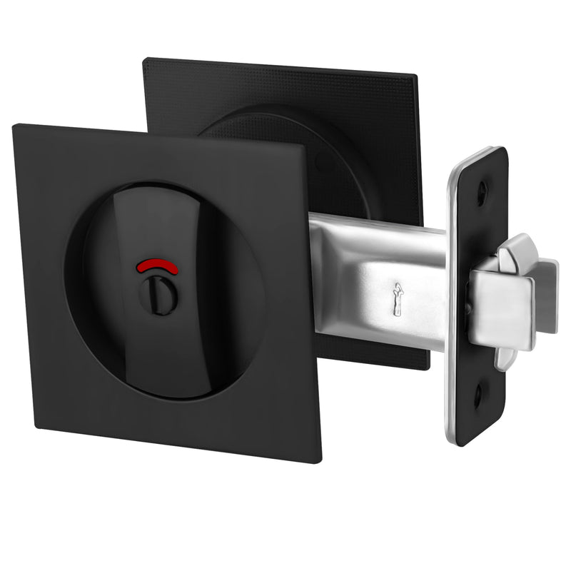 Matte Black Pocket Door Lock with Indicators, Pocket Door Handle with Lock Square Door Lock for Privacy Sliding Door Bifold Bathroom Door Locks and Pulls Hardware Privacy (Indicator) Matte Black
