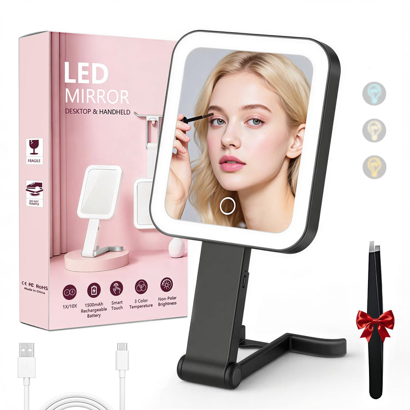 Travel Makeup Mirror with Lights, 1500mAh Rechargeable, Double-Sided 10X/1X Magnification, 3 Color Lighting, Smart Touch Dimming, Precision Tweezers, Lighted Mirror for Desk, Trip, Home, Office, Black