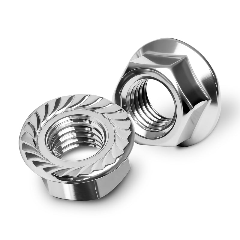 Mywish M10 Serrated Flange Hex Nuts, 100-Pack 304 Stainless Steel, Hex Drive M10-1.5 Hardware Nuts, Bright Finish (Silver) Stainless Steel