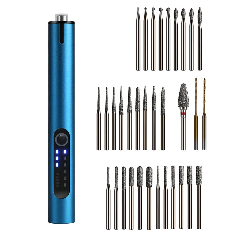 Mini Cordless Electric Engraving Pen with 30 Carving & 2 Drilling & 1 Tungsten Carbide Grinding Rotary Bits for DIY Crafts, USB LED Light 3-Speed Tool Kit for Metal, Wood, Glass, Plastic (Blue) Blue