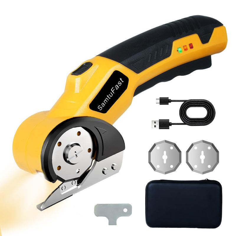 Cordless Electric Scissors, 4V Rechargeable Box Cutter Electric with Storage Box, 2 Blades, USB Charging Cable, Cardboard Cutter Electric for Cardboard Plastic Fabric Leather Carpet (Yellow) Yellow
