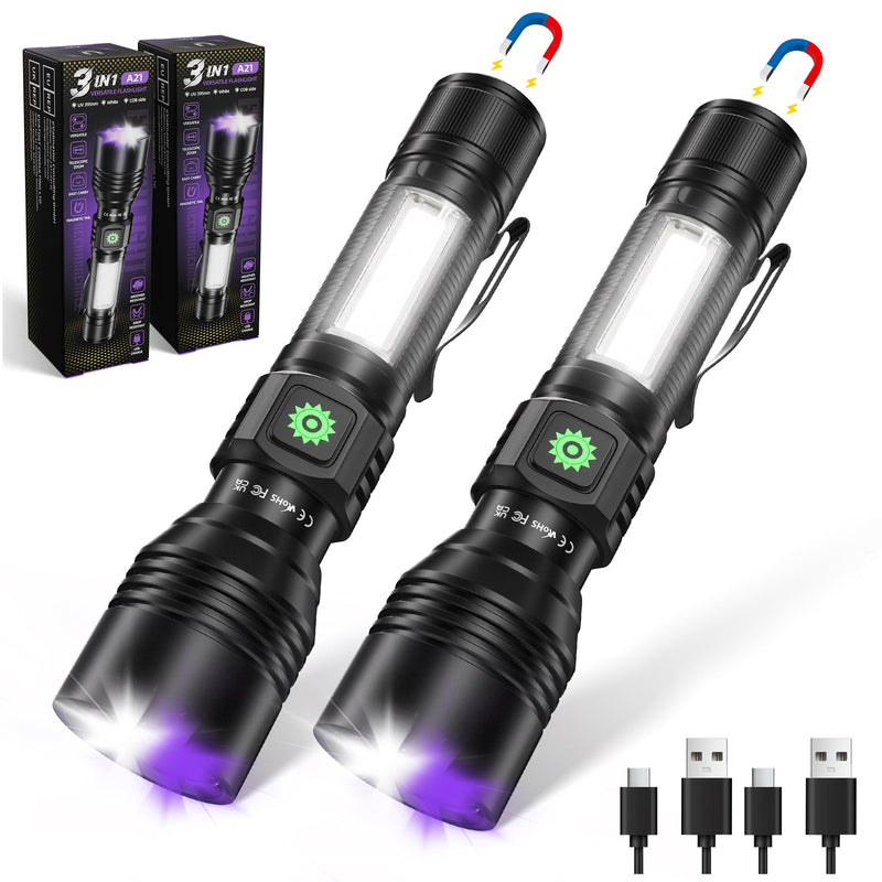 DARKDAWN 3 in1 Super Bright Flashlight & UV Flashlight 395nm, High Lumens USB Rechargeable LED Flashlights,Handheld Portable Flash Lights for Camping, Outdoor Adventure, Pet Urine Stains (2pack) 2 pack