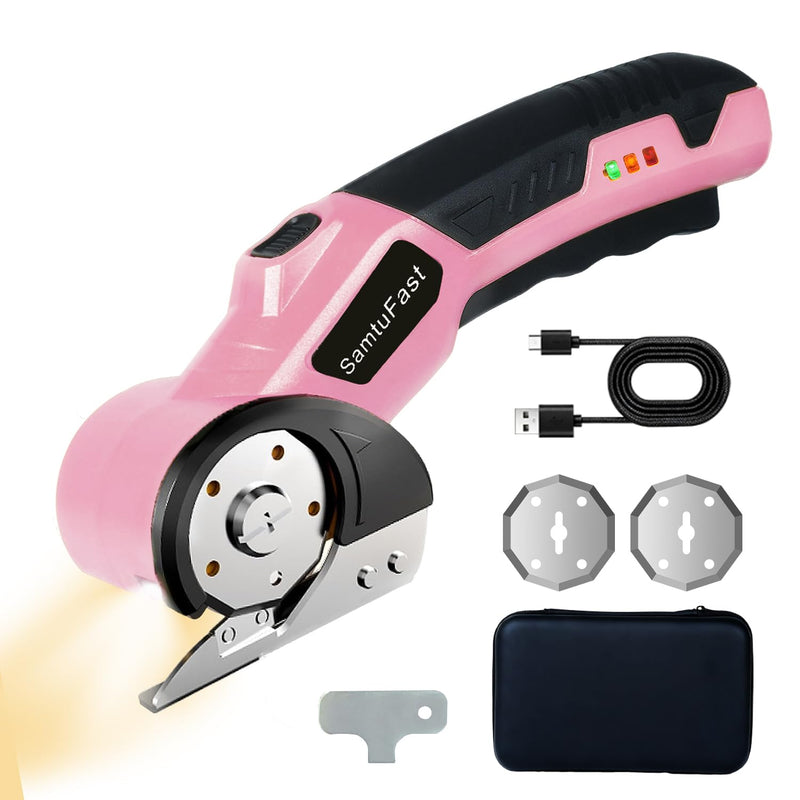 Cordless Electric Scissors, 4V Rechargeable Box Cutter Electric with Storage Box, 2 Blades, USB Charging Cable, Cardboard Cutter Electric for Cardboard Plastic Fabric Leather Carpet (Pink)