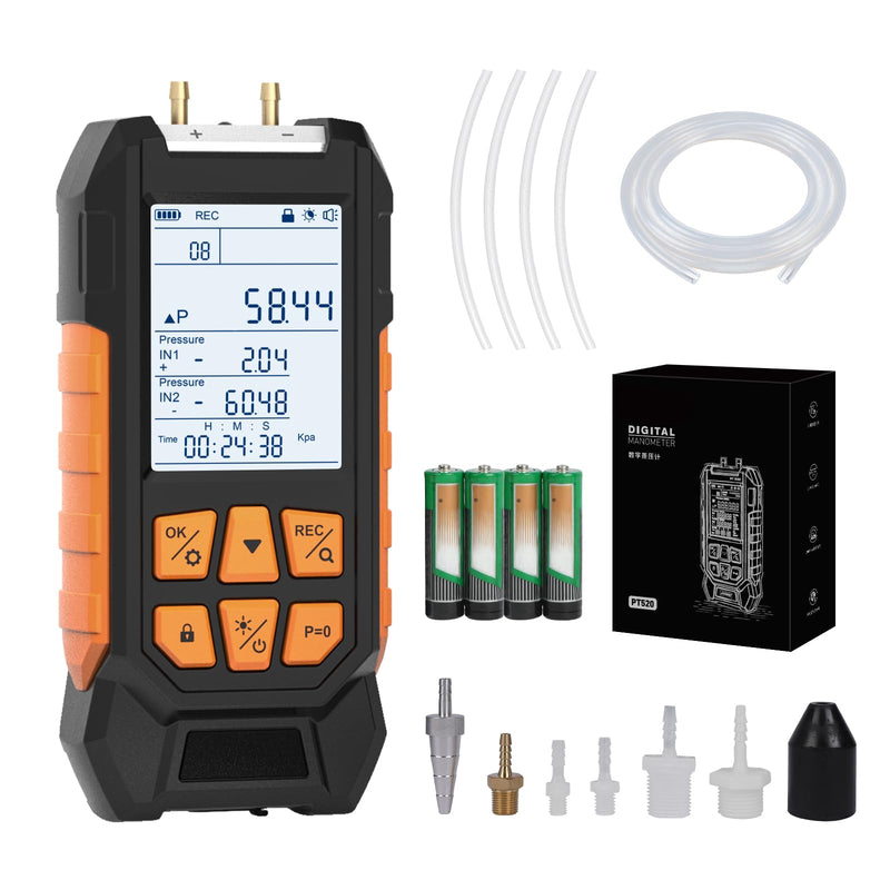 Manometer, Dual Port Digital Manometer -100~200kPa, 10 Units, 7 Adapters, HVAC Gas Pressure Tester with Backlight LCD Display, Data Hold/Record, Flashlight