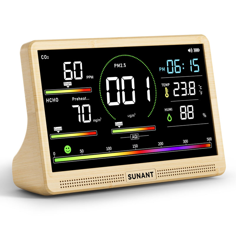 16-in-1 Air Quality Monitor Indoor, 7' Smart Large Display 9 AQI+7 Alarm Alerts, Real Time CO2, Formaldehyde, TVOC, PM2.5, PM10, Temperature & Humidity Portable Battery Powered Tester for Home, Office