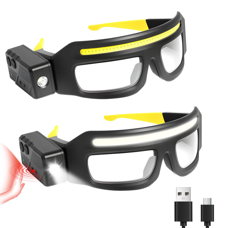 Adjustable Headlamp Glasses With Motion Sensor Rechargeable Headlight Safety Glasses for Camping 2 Pack Yellow