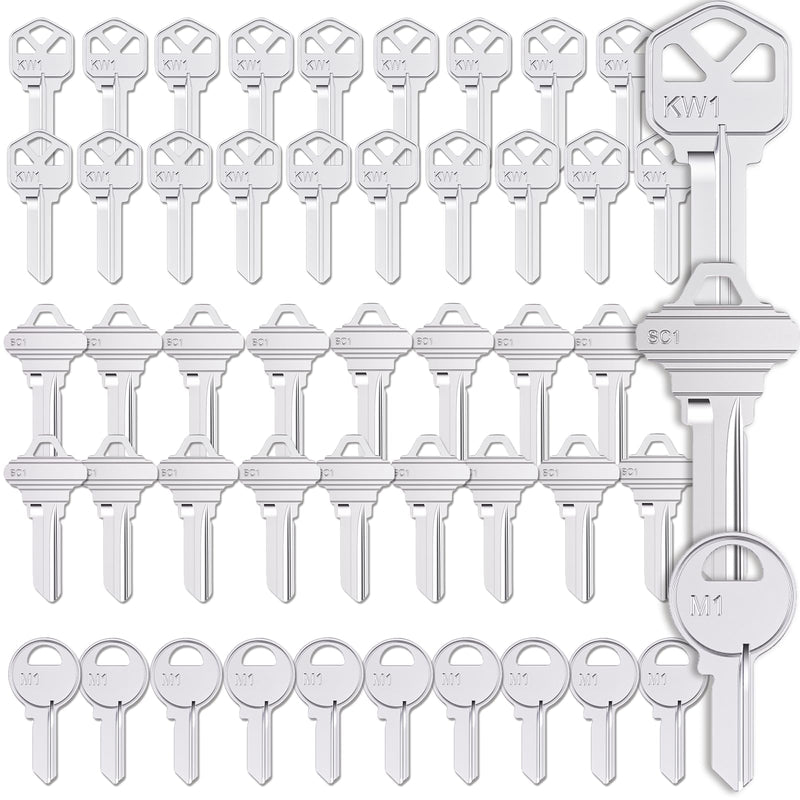 50Pcs Key Blanks Assortment, Uncut Key Blanks KW1 SC1 M1 Blank Keys for Home and Professional Use Nickel