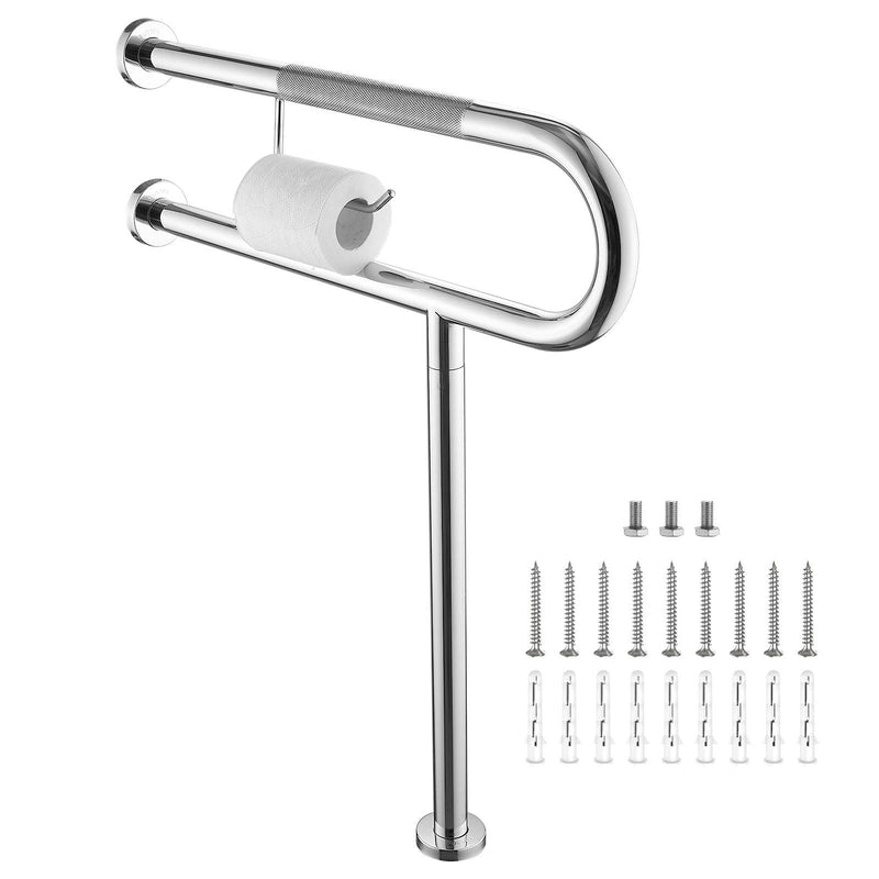 Toilet Grab Bar 24*27.5 Inch, Zynuhmo Anti-Slip U Shaped Support Rail with Paper Holder, SUS304 Stainless Steel Knurled Safety Handrails with Leg for Elderly Disabled Pregnant(1.25'' Dia Tube, Chrome)