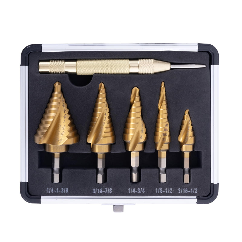 6-Piece HSS 4241 Titanium Coated Step Drill Bit & Automatic Center Punch Set, Double Spiral Flute, 118° Split Point, Hex Shank, Multi-Size for Metal Wood Plastic 6PCS SET