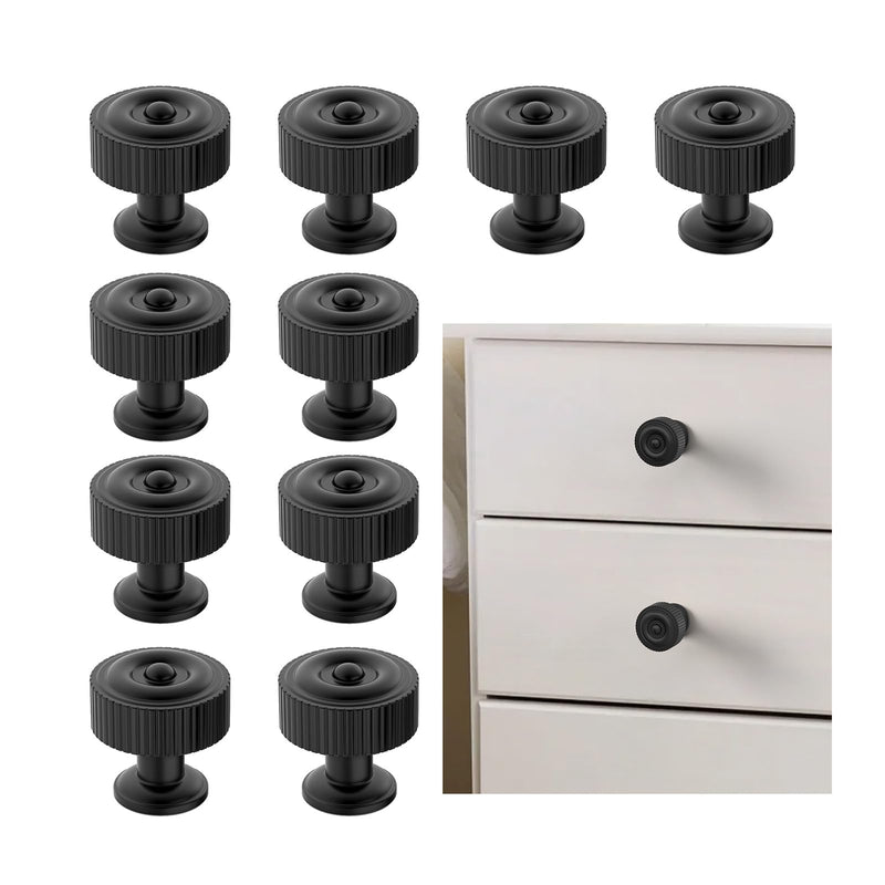 FILTA 10 Pack Matte Black Cabinet Knobs - Ribbed Design Zinc Alloy Dresser Drawer Cabinets Hardware for Furniture Kitchen Bathroom Single Hole Knob