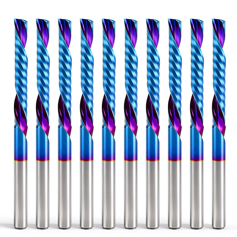 HQMaster 10pcs Down Cut O Flute CNC Router Bits, 1/8 Inch Shank Single Flute End Mill, Nano Blue Coated CNC Bit for Wood, MDF, PVC, Acrylic, Aluminum, Plasitc (1/8“ x 1/8" x 1" x 2") 1/8“ x 1/8" x 1" x 2"