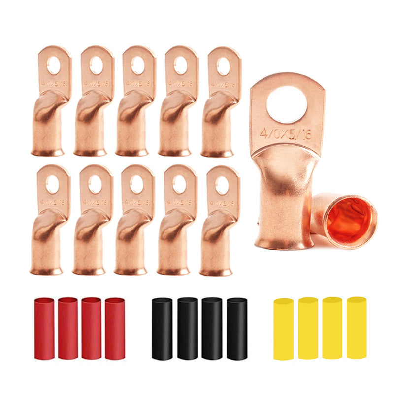 12Pcs 4/0 AWG 5/16"(M8) Stud Heavy Duty Copper Wire Lugs with 12Pcs Heat Shrink Tubing 4/0 Gauge Battery Cable Ends Ring Terminals Bare Copper Eyelets Tubular Ring Terminal for Car Boat Marine 4/0 AWG - 5/16"(M8) Ring