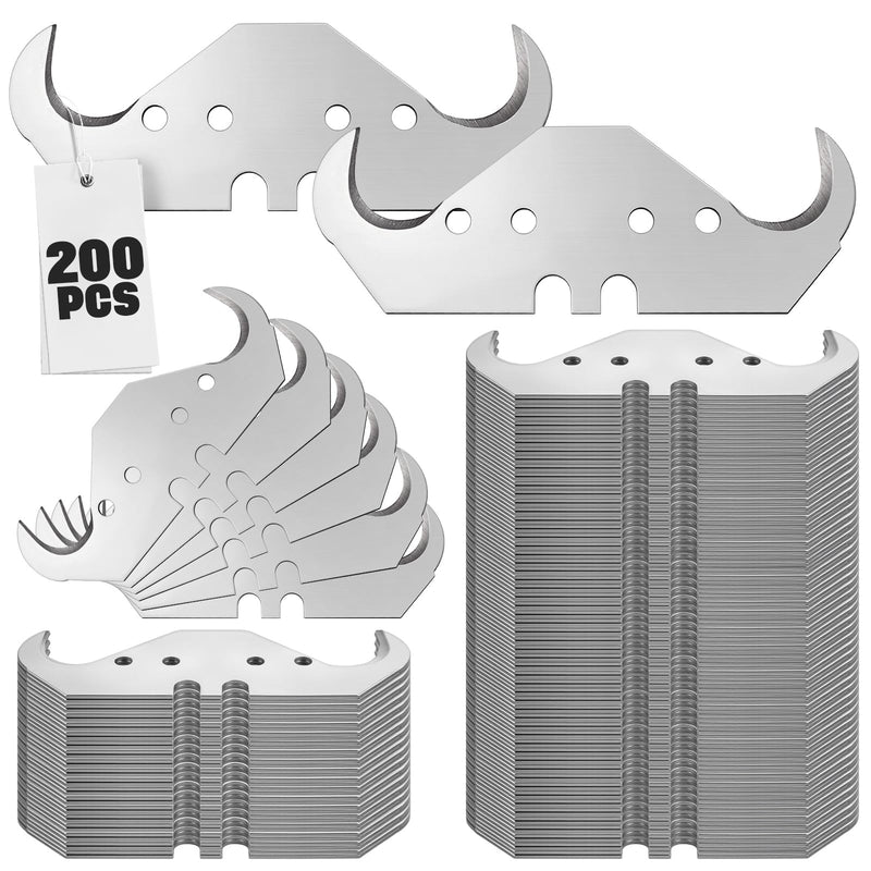 200 Pcs Utility Hook Blades SK5 Carbon Steel Hook Razor Knife Blades with 2 Notches 4 Holes for Roofing and Carpet