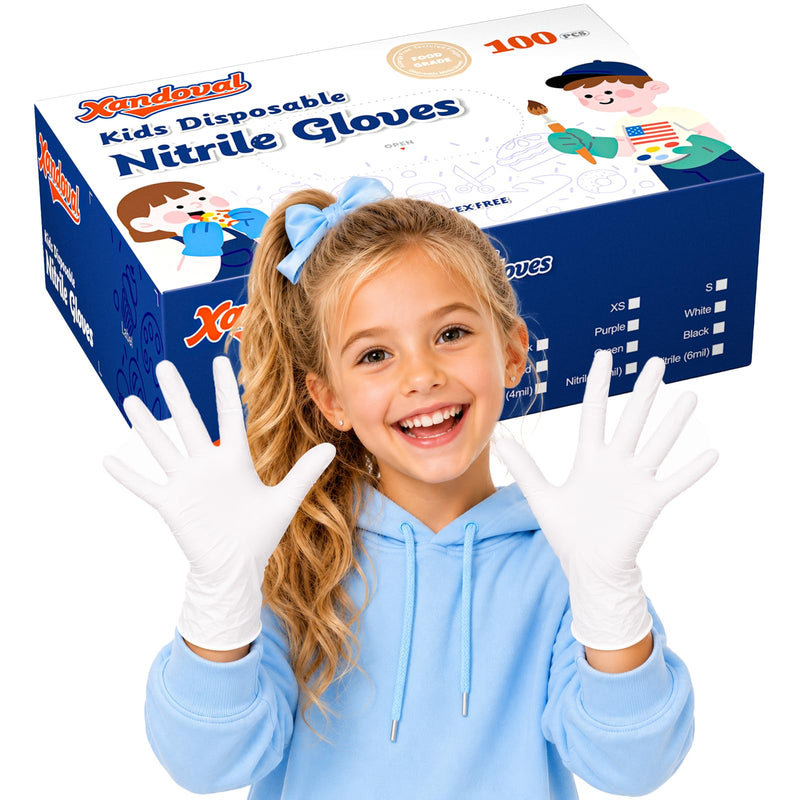 Kids Disposable Gloves, 5-Mil Safe White Nitrile, Small, 100Ct White of 100pcs