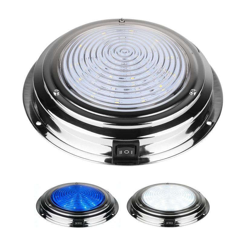 Marine Boat Dome Light Dual Color 7" 12V LED Boat Cabin Light With Toggle Switch, Super Brightness Boat Interior Lights with Stainless Steel Surface Mount (White/Blue) White/Cool Blue