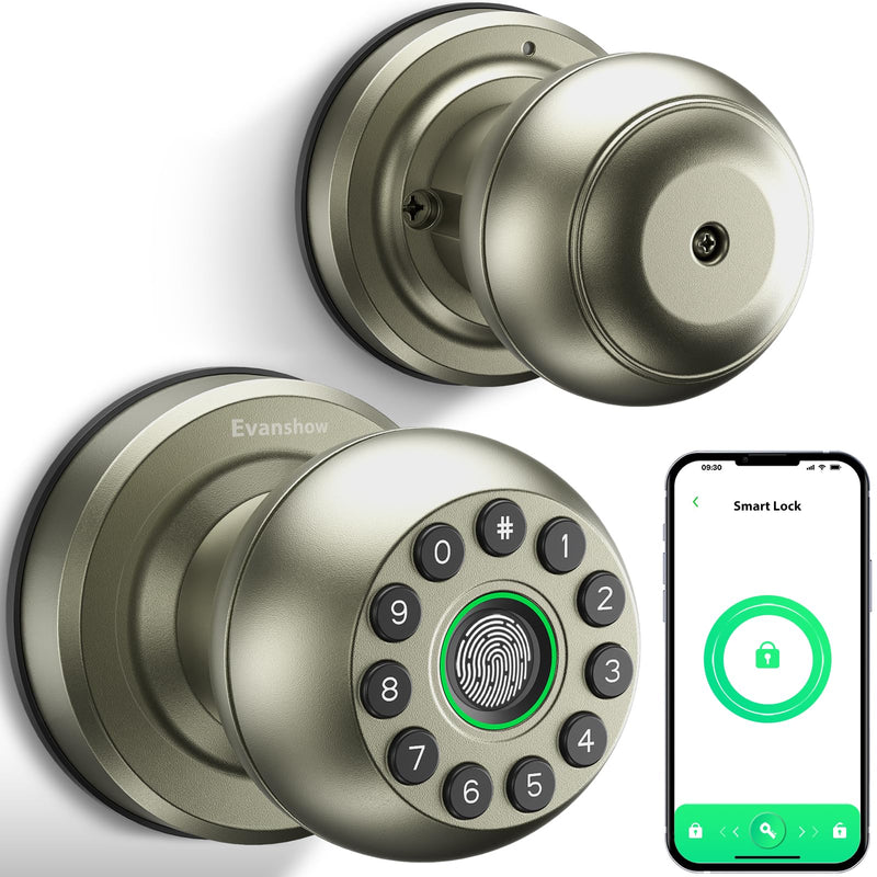 Smart Door Knob Fingerprint Door Lock 4-in-1 Keyless Entry (Fingerprint/App/Code/Key) with Auto-Lock Easy Install for Home/Bedroom/Office-Silver Silver