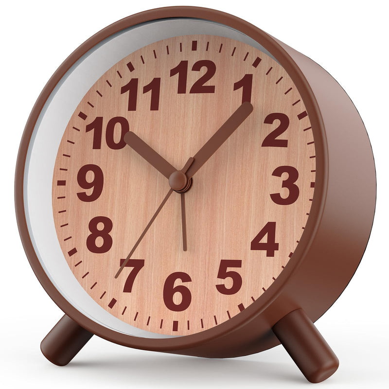 Retro Analog Alarm Clock with Night Light, Battery Operated, Easy to Set - Ascending Alarm, Snooze, Simple Round Metal Design for Bedroom, Desk, Bedside, Travel, Kids, Adults, Heavy Sleepers Brown