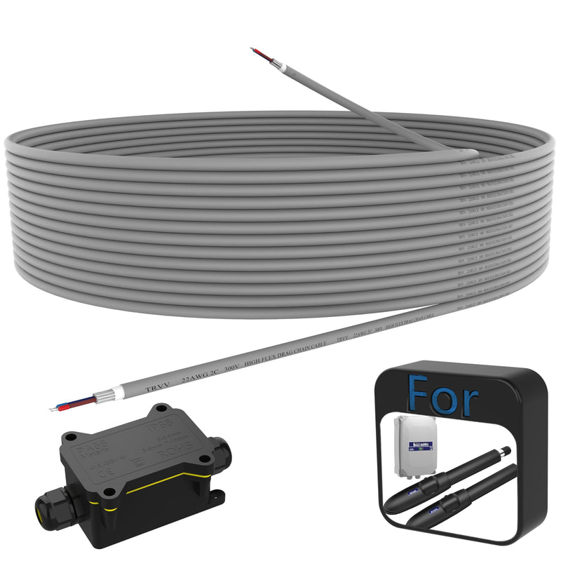 Blütezeit 25ft Power Cable (22AWG 2-Core) for MS650 Swing Gate Opener – Slave Motor Extension with Dual Control-Box Terminals & Inline Splice Connector