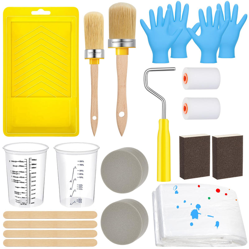 LemonRoad 20 Pieces Paint Brush and Roller Set, Cabinet Furniture Painting Supplies, Sponge, Tray Liner, Nitrile Gloves, Polish Sponge Block, Mixing Sticks and Cups, Tools to Finish All in One Paint