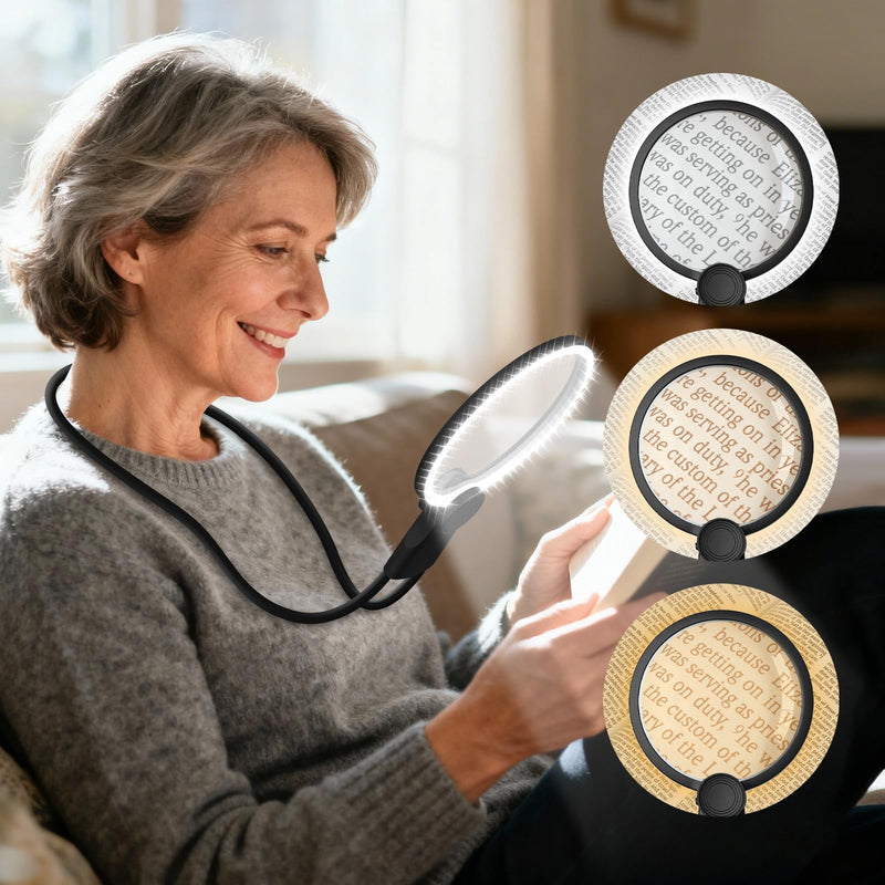 Hands-Free Magnifying Glass with Light, 5X Neck Magnifier for Close Work, Reading Small Print, Cross Stitch, Sewing & Crafts, Rechargeable Lighted Magnifier, Vision Aid for Seniors & Low Vision