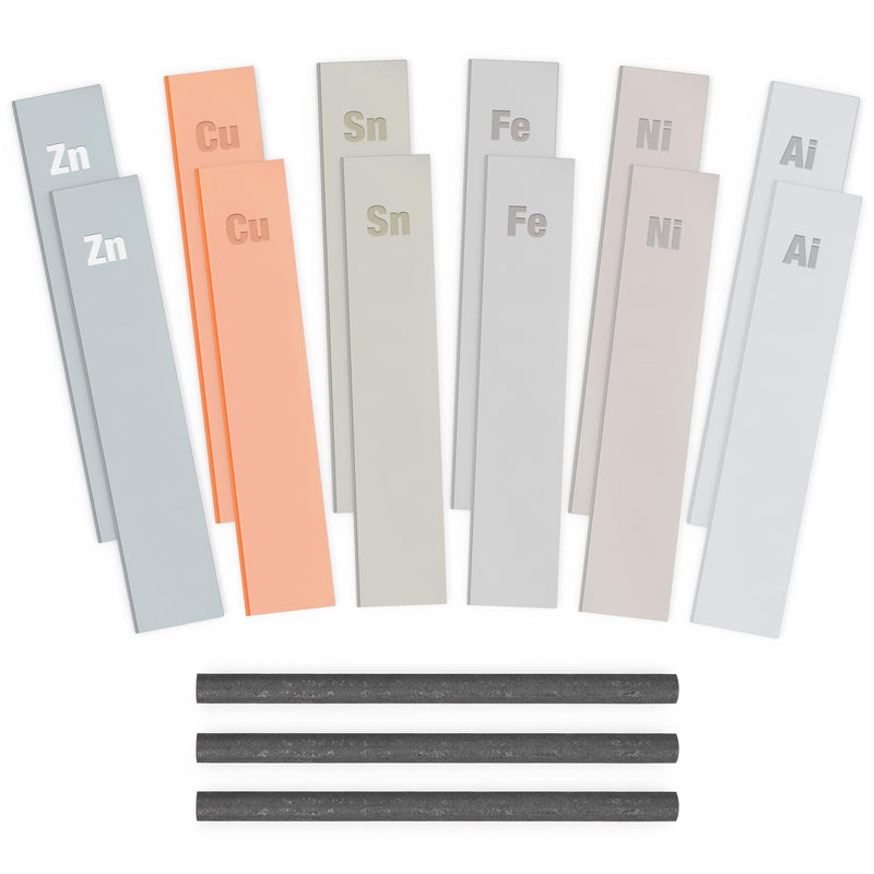 15 Pc Metal Electrodes Set Electrode Strips Kit Metal Strips Shim Stock Zinc Iron Copper Nickel Tin Aluminum Copper and Carbon for Scientific Experiments Electroplating Plating 15