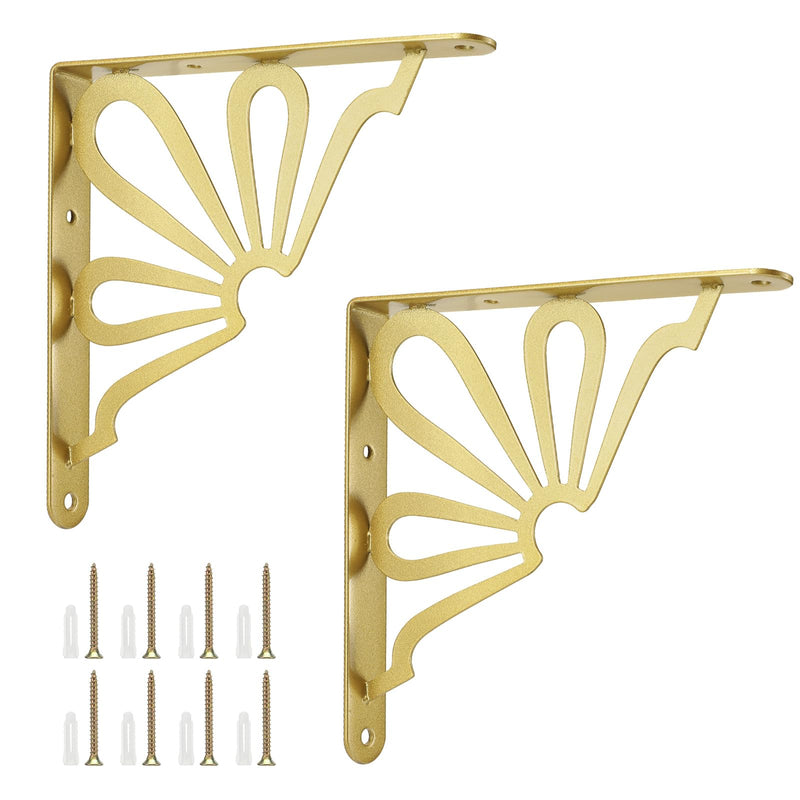 Lounsweer 2 Pcs 8inch Decorative Gold Shelf Bracket Heavy Duty Wall Mounted Support Modern Metal Floating L Shaped Shelf Rack with Hardware for DIY Kitchen Shelving Wall Decor Sun