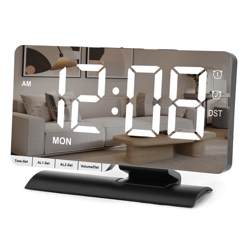 SZELAM Digital Clock,Alarm Clock Bedside,7.3'' Large LED Mirror with Date Display,Dual Alarm with 3 Mode,Brightnee Adjust,DST,Snooze Function,USB C Charging Port,5 Levels Volume for Desk Bedroom Teens Black