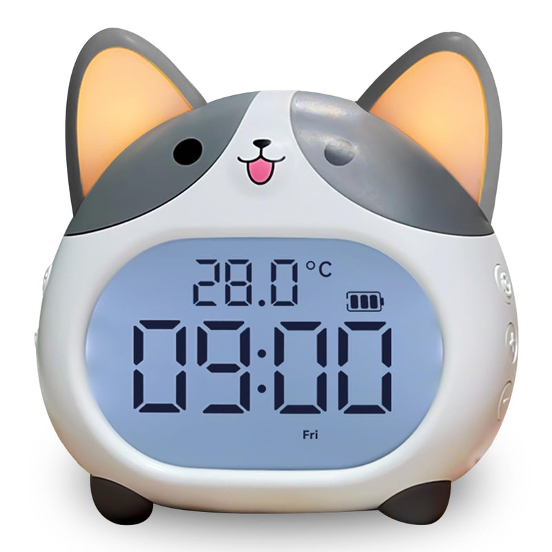 AVEKI Alarm Clocks for Kids - Cute Dog Clock with Night Light, 6 Alarm Tones, Snooze, Timer, Date and Temperature Display - Rechargeable Battery Operated Digital Clocks for Bedroom Kids Room Gray