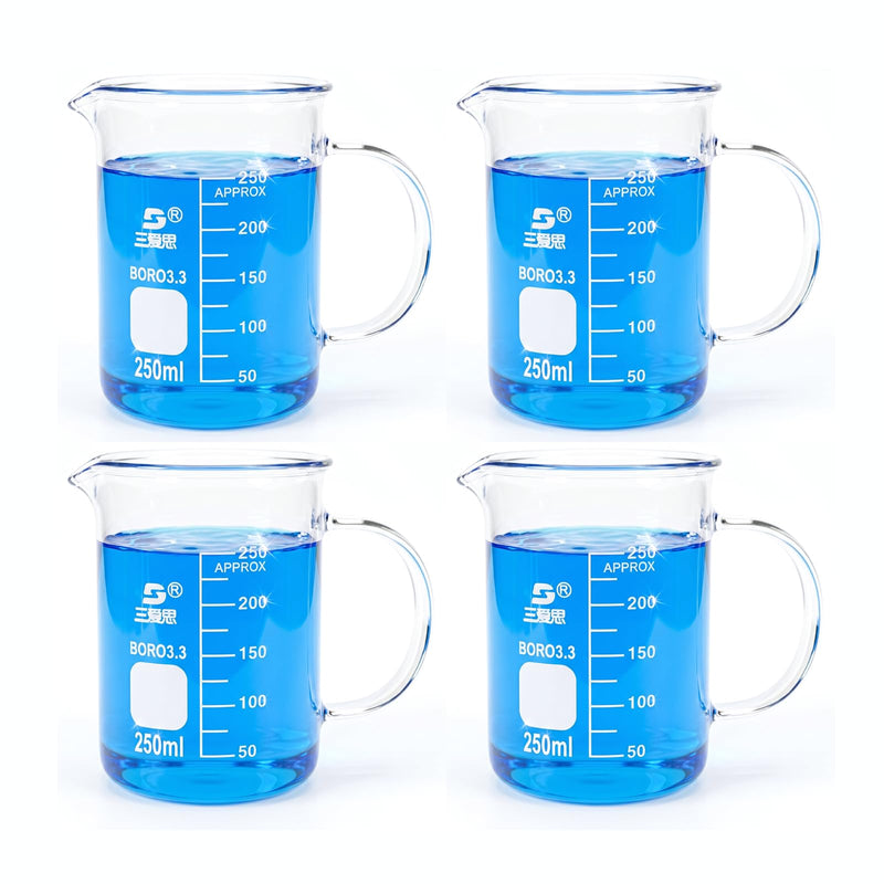 TISMART Glass Beaker Measuring Cup BORO 3.3-250/500/1000ML(4pcs 250ml) | Corrosion-resistant, Anti-oxidation, Heat for Lab, Teaching, Craft, Cooking, DIY, Liquid, Science Lab 250.0 milliliters 4