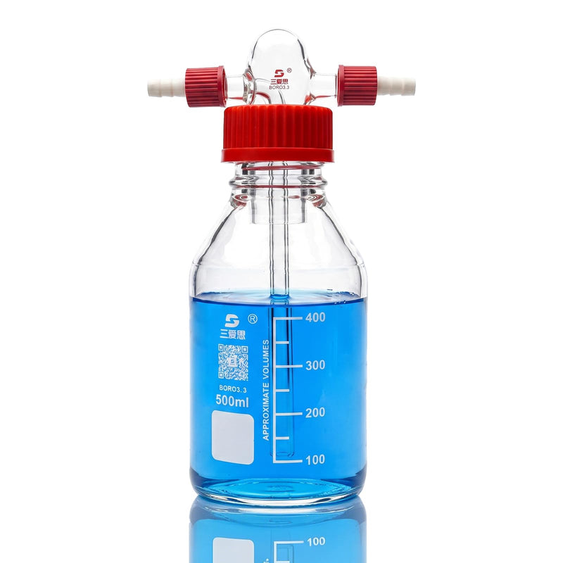 TISMART Gas Washing Bottle Glass Bubbler BORO3.3 GL45 500mL 1set | GL45 Head with 2 Threads GL14 PBT Red Screw Cap Gas Purification 500.0 milliliters 1 Gas Washing Bottle 500ML 1 Set
