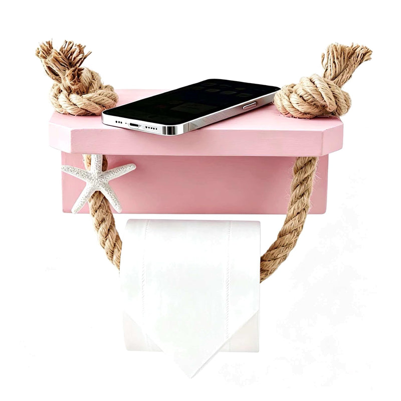 Mermaid Toilet Paper Holder - Pink Beach Coastal Rope Bathroom Decor with Starfish Wall Mount, Farmhouse Tissue Holder with Wood Shelf, Rustic Towel Rack Bathroom Accessories