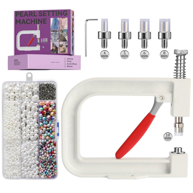 Metacipher Pearl Setting Machine with Pearls Beads Rivet Studs and Tools Kit Pearl Hand Press Tools for Decorating Clothes Hats Shoes Bags Skirts DIY Crafts Beads DIY Accessories White