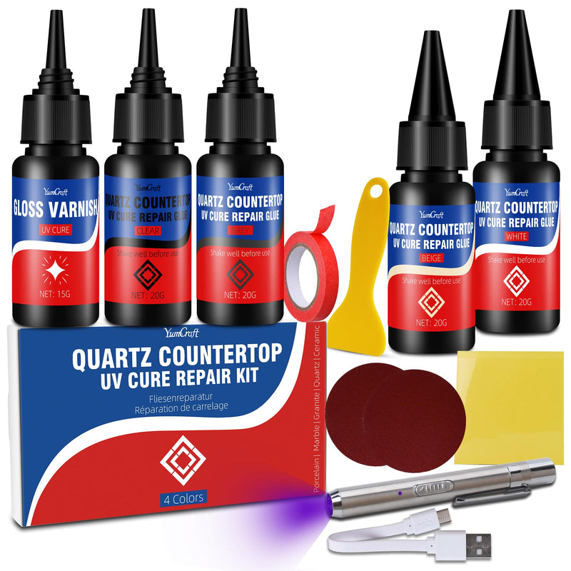 Quartz Countertop Repair Kit - 4×20g Repair Glue (Clear,White,Gray,Beige) - 30s UV Fast Curing with Gloss Varnish | DIY Fixes Chips,Cracks, Scratches on Marble,Granite, Acrylic, Porcelain, Fiberglass