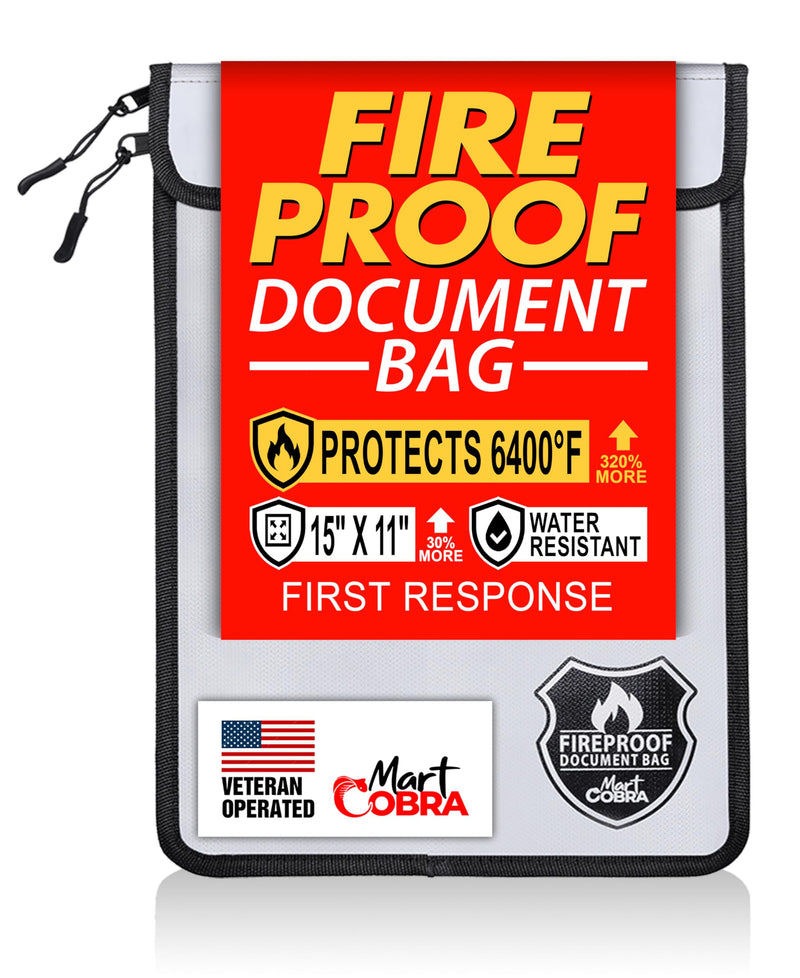 Mart Cobra Fireproof Document Bag with Zipper Fire and Waterproof Document Storage Fireproof Money Bag Cash Fire Proof for Important Home Documents Safe Accessories Paper Holder Pouch Envelope Travel 6400°F Protection