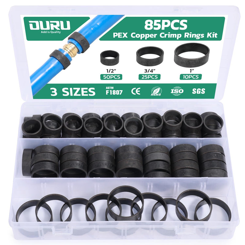 OURU 85PCS PEX Copper Crimp Rings Assortment, 1/2" 3/4" 1" for PEX Pipe 85PCS KIT