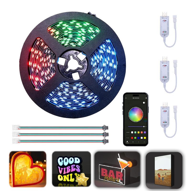 LED Light Box Kit for 3D Printed Light, RGB LED Strip Lights for Bambu Lab 3D Printer WS2812B, Smart App Control Small Lamp for MakerWorld DIY Models, USB 5V (5M/16.4FT & 3Pack APP Control) 5M/3PCS APP Control
