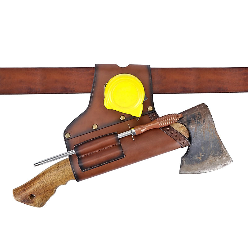 4-in-1 Leather Logging Tools Pouch-Axe Carry Belt Holster-Tape Measure Clip | Full-grain Leather, Organization for Axe, Tape Measure, Flat File Awl Tools,Slanted Design, Quick Access, for Camper Logger