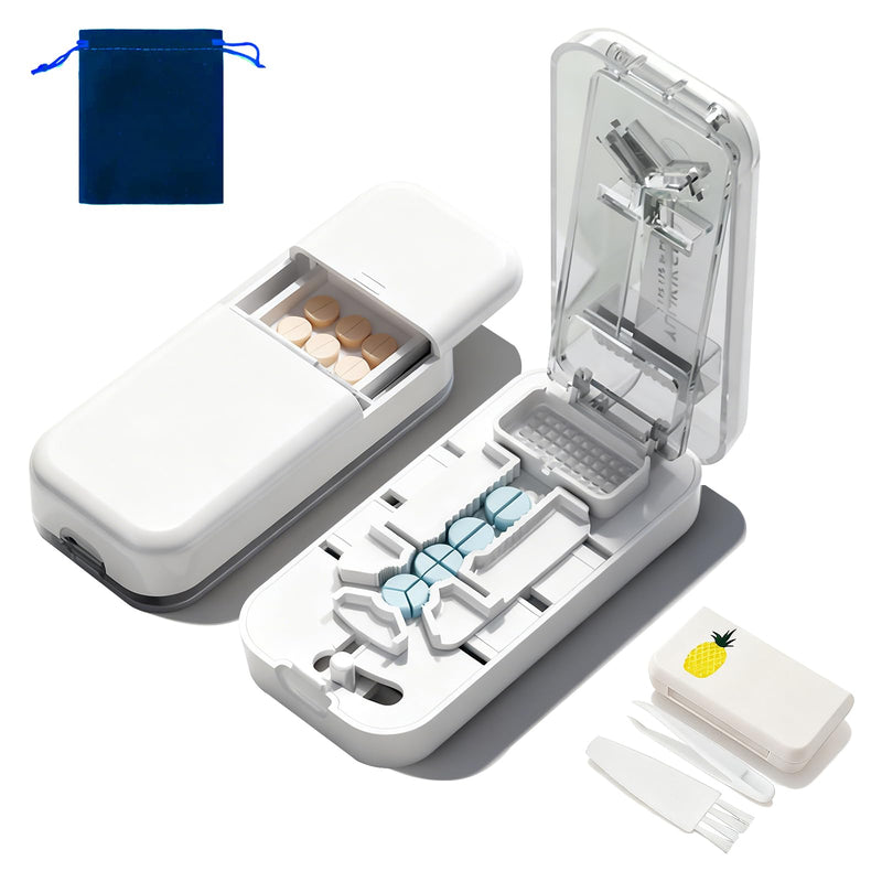 Portable Pill Cutter for Small & Large Pills, Cuts Multiple Tablets, 3-in-1 Professional Pill Splitter Cuts into 1/4, 1/3 & 1/2, with Storage Box, Ideal for Seniors & Travel Use (White) White