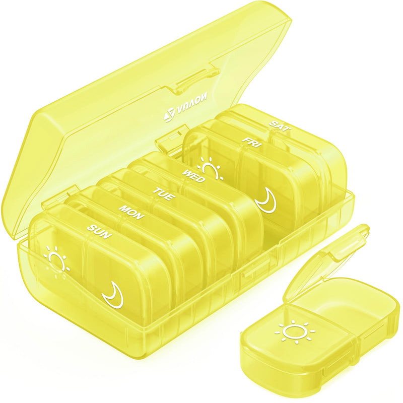 AUVON XL Weekly Pill Organizer 2 Times a Day, Pill Box 7 Day with One-Side Large Openings for Easy to Use, Black Privacy Protection AM PM Pill Case for Medication, Vitamins, Fish Oils, Supplements Light Yellow