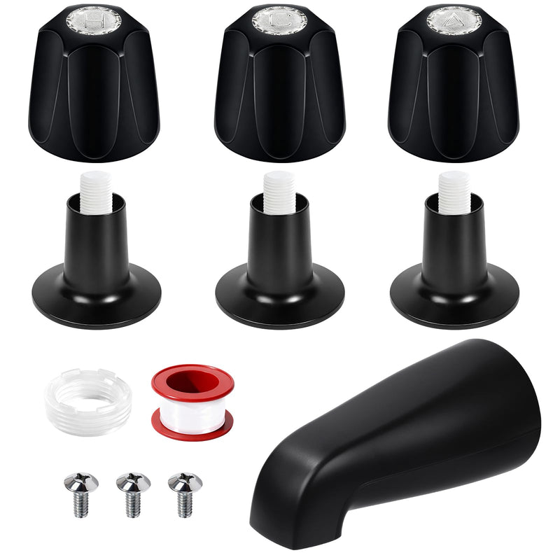Matte Black 3 Piece Shower Knob and Bath Tub Spout Kit, for Price/Pfister Verve 3 Handles and Tub Shower Faucet, Includes 3× Shower Knob, 3× Flange Base, 1× Tub Spout for 1/2" IPS, 3/4" IPS Pipe