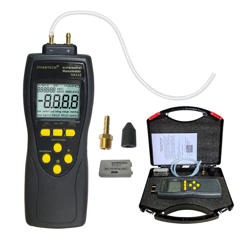 VA110 Manometer HVAC Gas Pressure Tester Pressure Differential Gauge – 35PSI/241.3kPa High Accuracy Meter with Data Storage, Auto Shut-Off, and Backlit LCD for Automotive & HVAC Systems