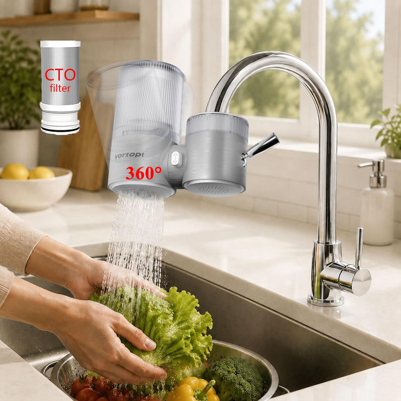 Vortopt T10 Faucet Water Filter, 360° Rotary Sink Purifier, Silvery