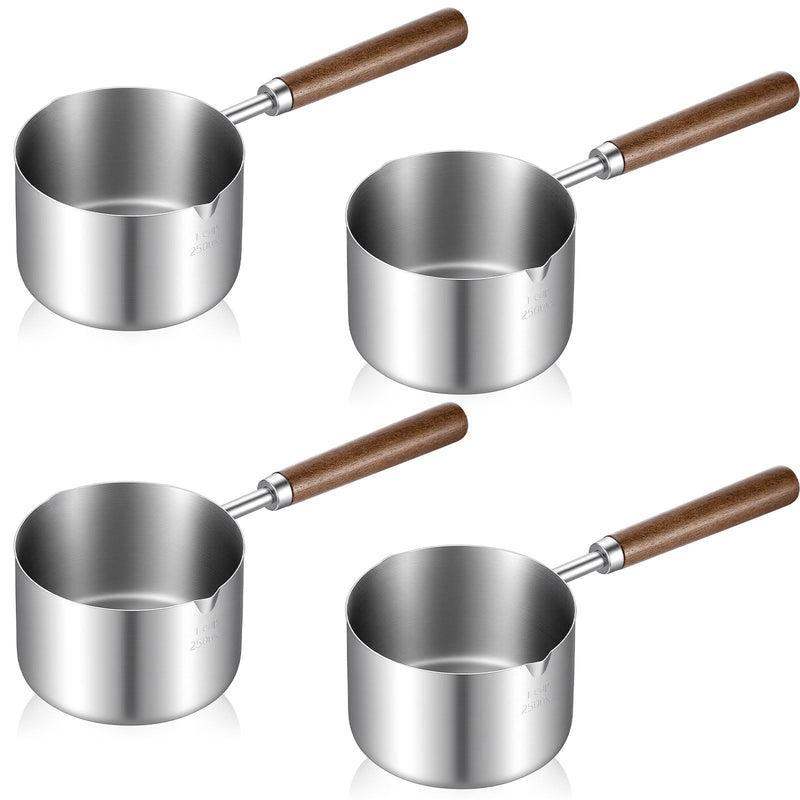 LemonRoad 4Pcs Stainless Steel Mini Butter Warmer, 8.5oz/ 250ml Mini Sauce Pan Pot, Coffee Milk Warmer Heater, Small Coffee Sauce Pot for Keeping Seafood Butter Warm, Dual Spouts and Solid Wood Handle 4