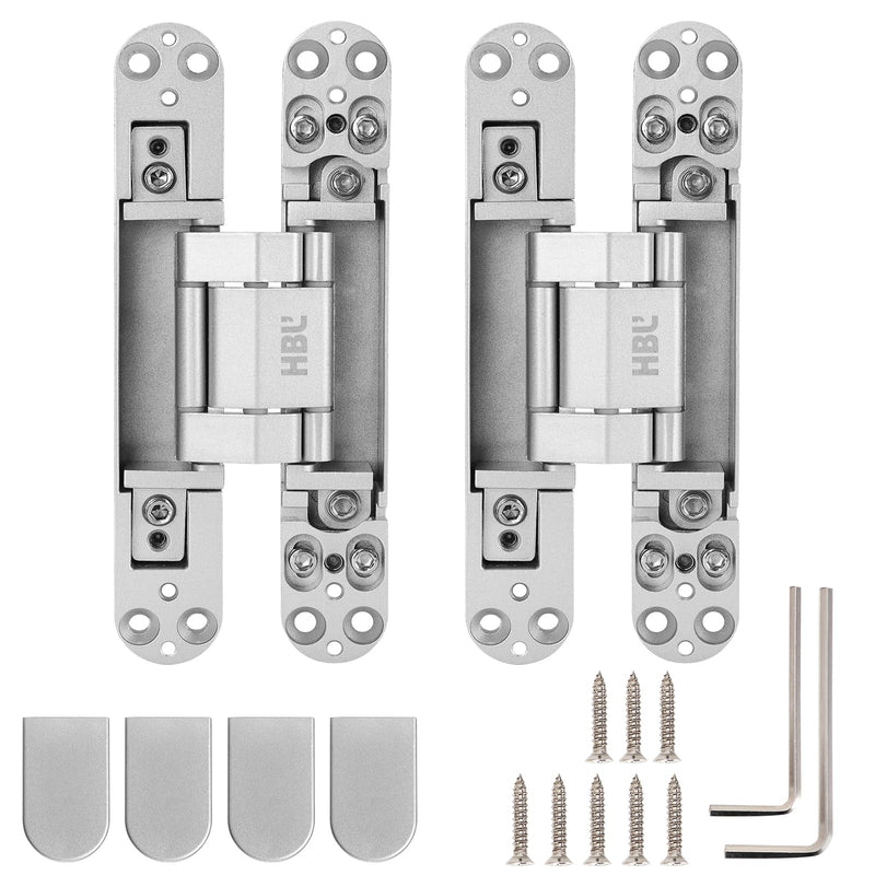 HBL' 2 Pack Hidden Door Hinges, 6 Inch Silver Heavy Duty Hidden Hinges for Secret Doors, 3-Way Adjustable to Bulid Conceal Bookcase Door 6" Length