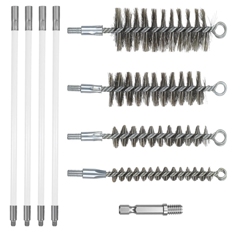 50in Pipe Cleaning Brush Set with Stainless Steel Bristles, Wire Brushs with 4pcs Galvanized Rod, Stainless Steel Pipe Brushs 4pcs for Auto Parts,Bottles,Tubes (3/5,1,1 3/5,2 in Brush Heads
