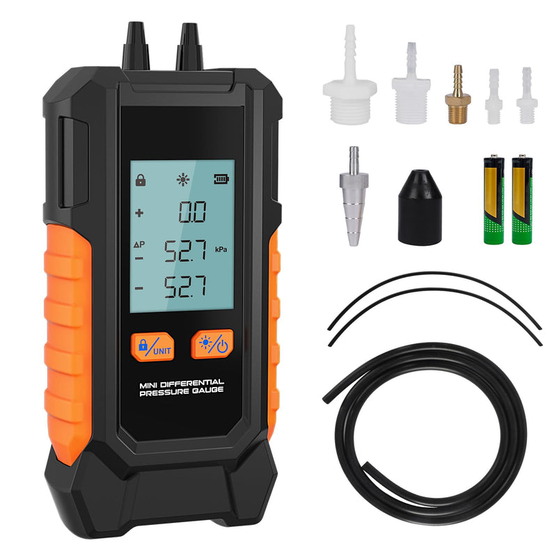 Manometer Gas Pressure Tester, Dual-Port HVAC Digital Differential Pressure Gauge with 6 Switchable Units, Large Backlit LCD, Data Hold Function, 7 Adapters, -101 to 200 kPa Range