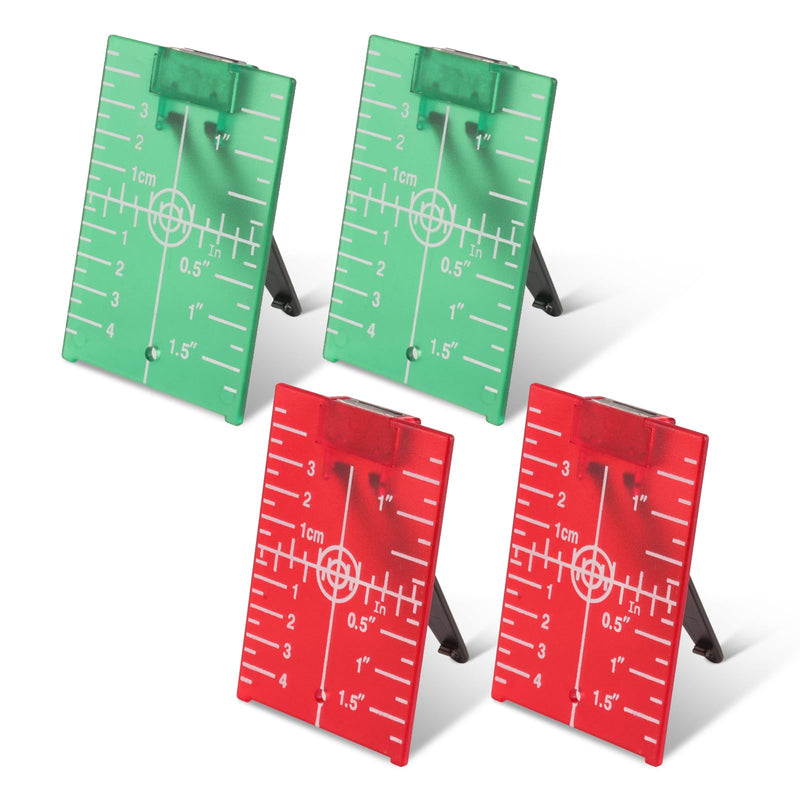 Laser Target Plate Card Set, 4-Pack Magnetic Floor Laser Target with Stand, Green and Red Laser Plates Enhances Visibility 1.3X, Dual Scale Alignment for Rotary & Cross Line Laser Level