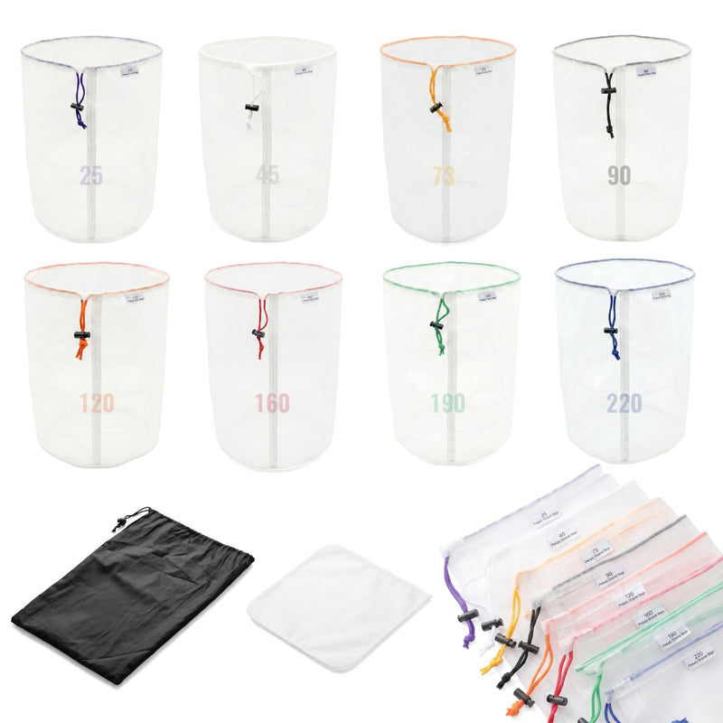 8-Pack 5 Gallon All Mesh Filter Bags set, 25-220μm Food-Grade Nylon Strainer Bags with Pressing Screen & Storage Bag, Reusable Waterproof for Brewing Hydroponics Coffee Honey Gardening
