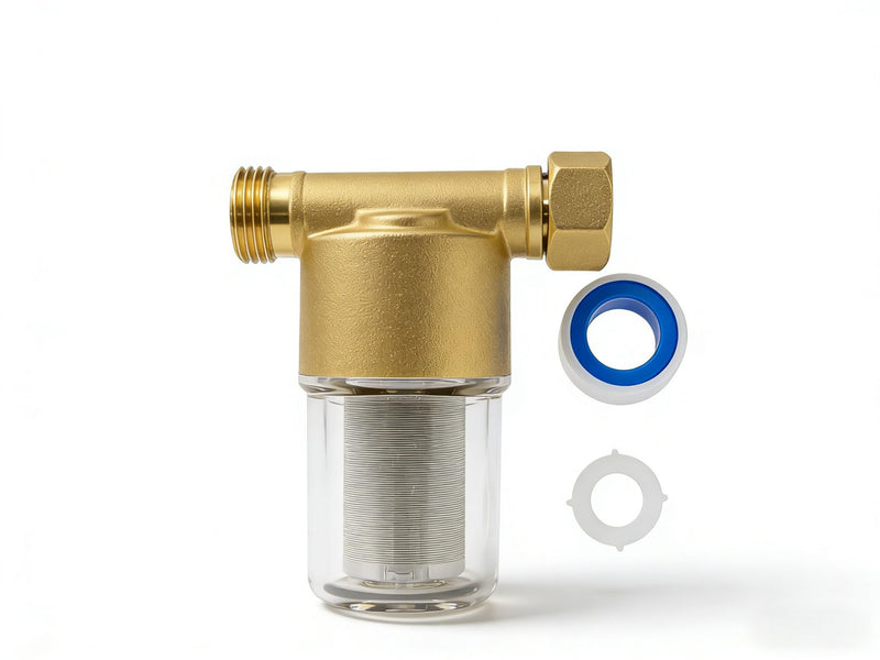 FA20 Brass Inline Water Filter, 40 Micron Reusable Sediment Filter | Traps Sand Rust Sediment for Washer Shower Well Water Systems